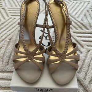 BCBG Bahari Taupe Braided Strappy Heeled Sandals New
